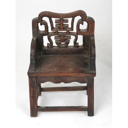 1085 - 2 CHINESE MINIATURE HARDWOOD CEREMONIAL CHAIRS