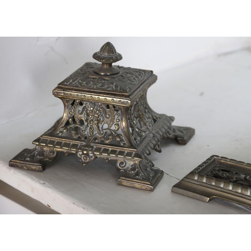 112 - 19TH-CENTURY BRASS INK STAND AND PENCIL TRAY