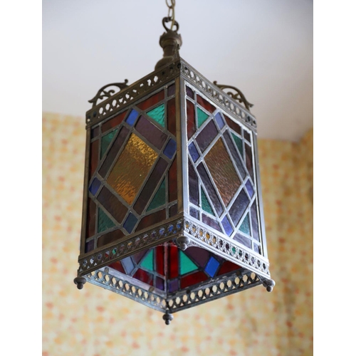 1123 - 19TH-CENTURY BRASS & LEADED GLASS HALL LANTERN