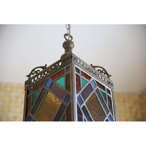 1123 - 19TH-CENTURY BRASS & LEADED GLASS HALL LANTERN