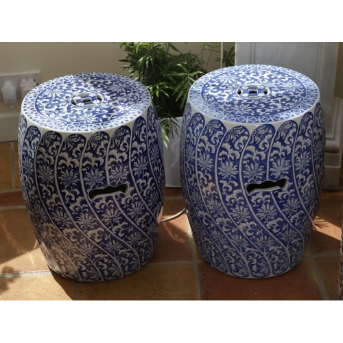 1204 - PAIR CHINESE BLUE AND WHITE BARREL SEATS