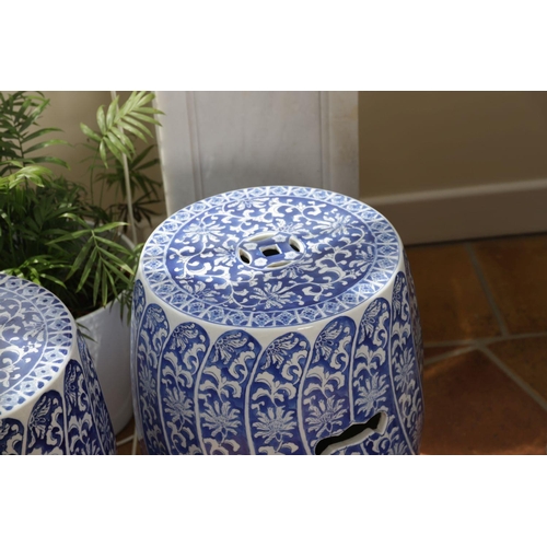 1204 - PAIR CHINESE BLUE AND WHITE BARREL SEATS