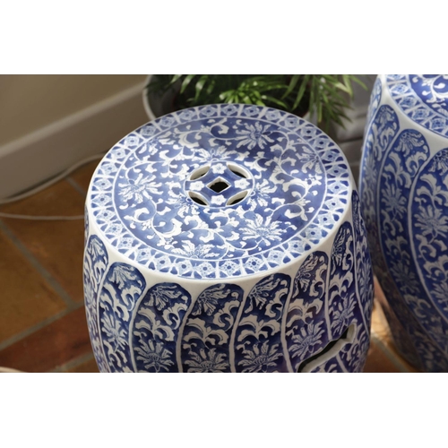 1204 - PAIR CHINESE BLUE AND WHITE BARREL SEATS