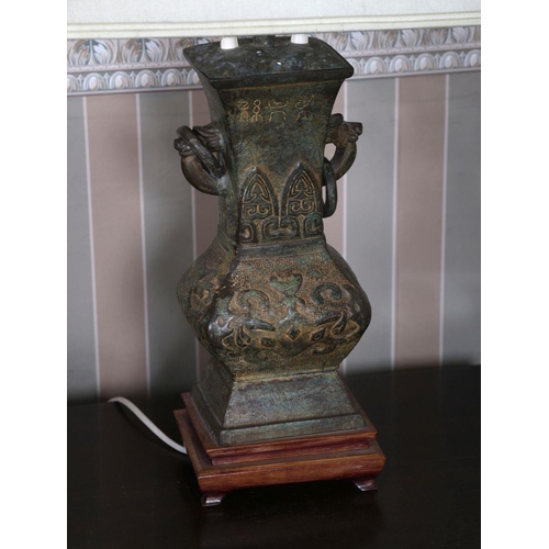 1206 - CHINESE BRONZE ARCHAISTIC VASE STEMMED LAMP