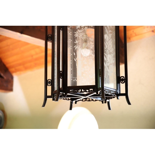 1218 - PAIR CHINESE HARDWOOD FRAMED LANTERNS