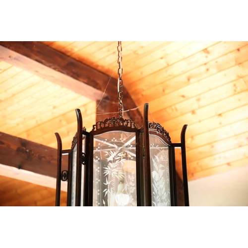 1218 - PAIR CHINESE HARDWOOD FRAMED LANTERNS