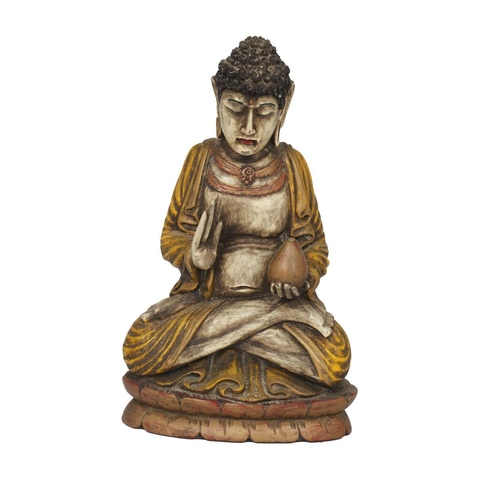 329 - CHINESE POLYCHROME CARVED WOOD BUDDHA