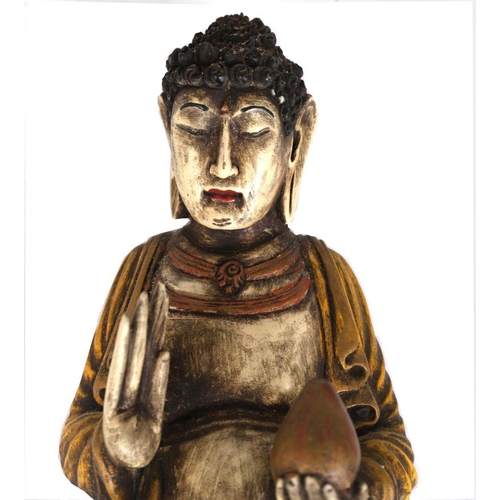 329 - CHINESE POLYCHROME CARVED WOOD BUDDHA