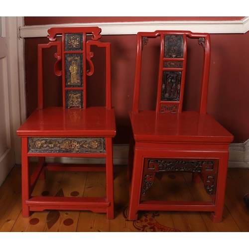 342 - 2 CHINESE RED LACQUERED FOOT BINDING CHAIRS