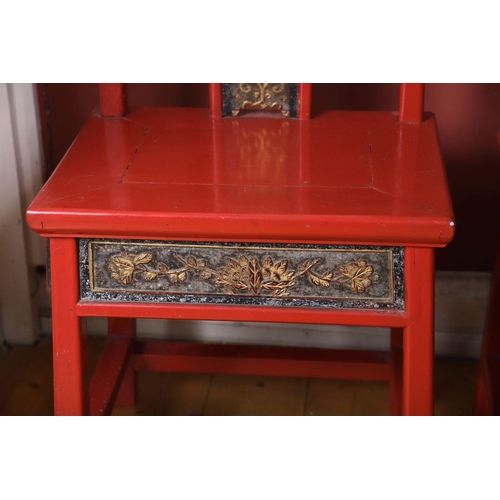 342 - 2 CHINESE RED LACQUERED FOOT BINDING CHAIRS