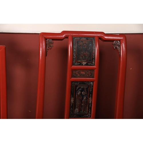 342 - 2 CHINESE RED LACQUERED FOOT BINDING CHAIRS