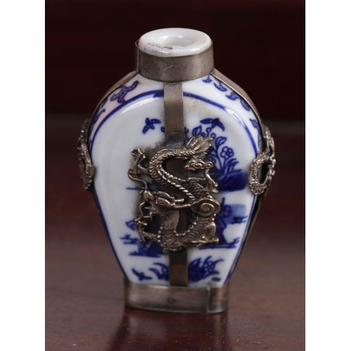 379 - CHINESE SILVER MOUNTED BLUE & WHITE SNUFF BOTTLE