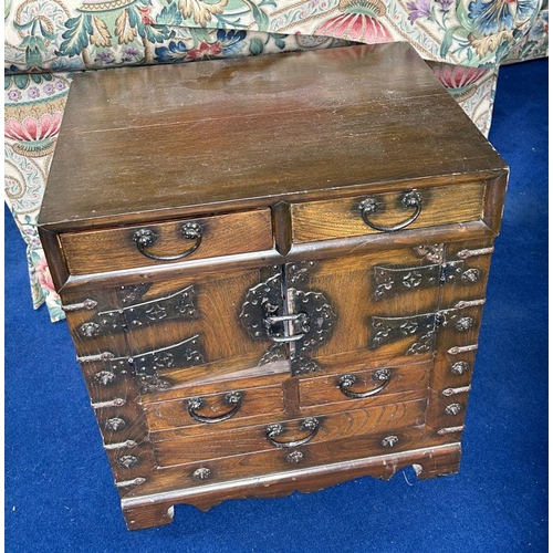 431 - PAIR CHINESE METAL BOUND FRUIT WOOD PEDESTALS