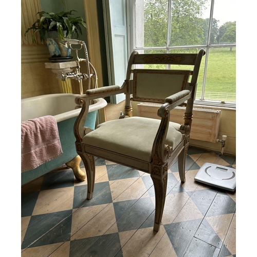 593 - PAIR OF EXOTIC PARCEL-GILT & PAINTED ELBOW CHAIRS