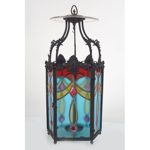 ART NOUVEAU BRASS & LEADED GLASS HALL LANTERN