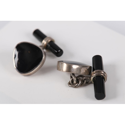 1112 - SILVER AND ONYX CUFFLINKS