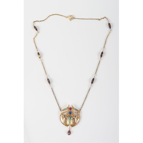 1191 - 18K EGYPTIAN REVIVAL GOLD SCARAB ENAMEL NECKLACE