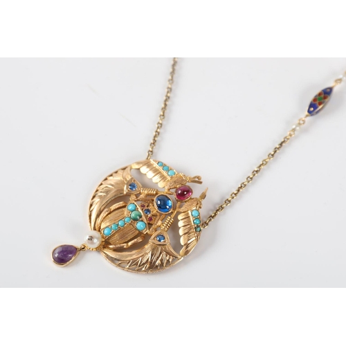 1191 - 18K EGYPTIAN REVIVAL GOLD SCARAB ENAMEL NECKLACE