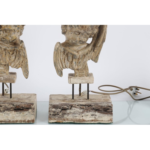 550 - PAIR ARCHITECTURAL CARVED WOOD TABLE LAMPS