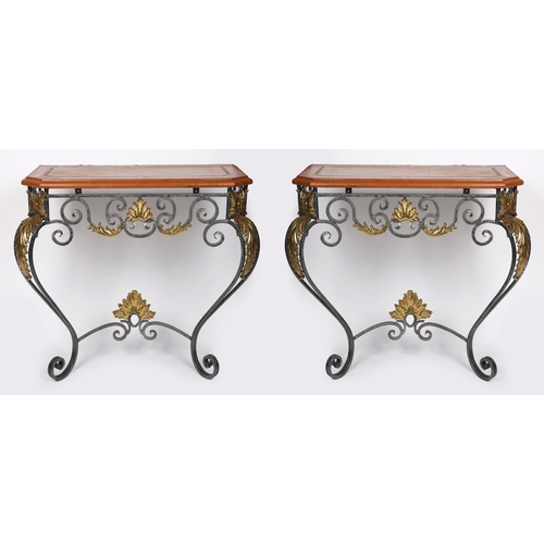 338 - PAIR OF DESIGNER STEEL AND BRASS CONSOLE TABLES