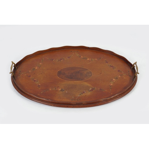 399 - EDWARDIAN MAHOGANY & PAINTED SERVING TRAY