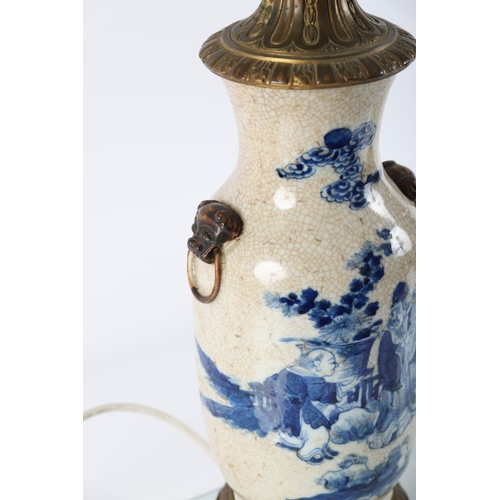 589 - CHINESE BLUE & WHITE CRACKLE GLAZE TABLE LAMP