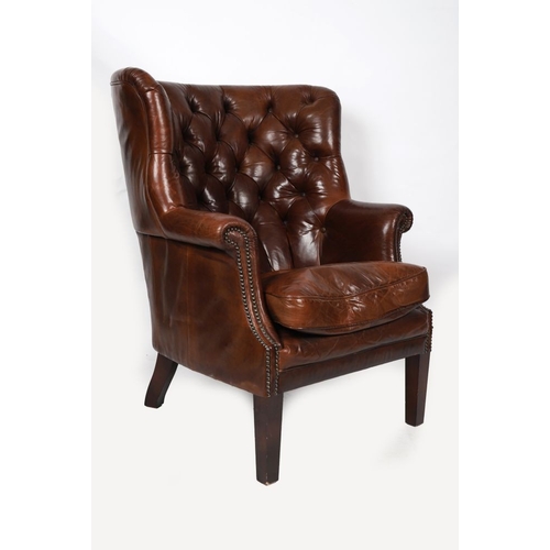 101 - GEORGE III STYLE HIDE UPHOLSTERED WING BACK ARMCHAIR