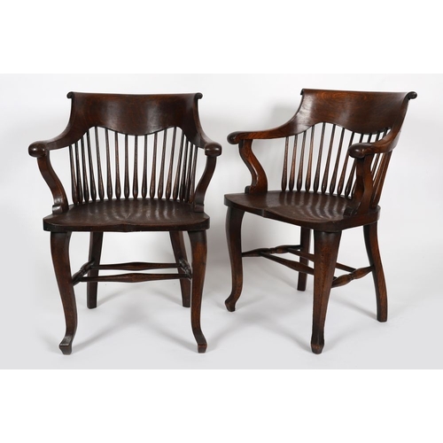 113 - PAIR BOSTON OAK SPINDLE BACK CAPTAIN'S CHAIRS