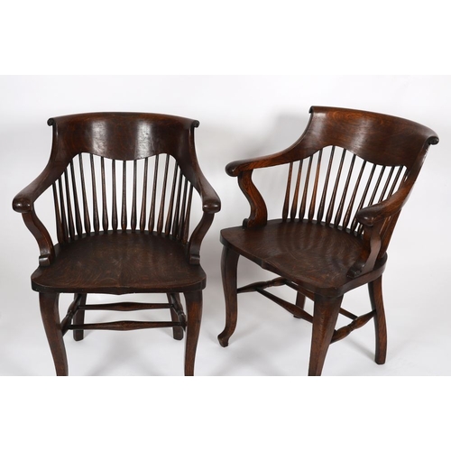 113 - PAIR BOSTON OAK SPINDLE BACK CAPTAIN'S CHAIRS