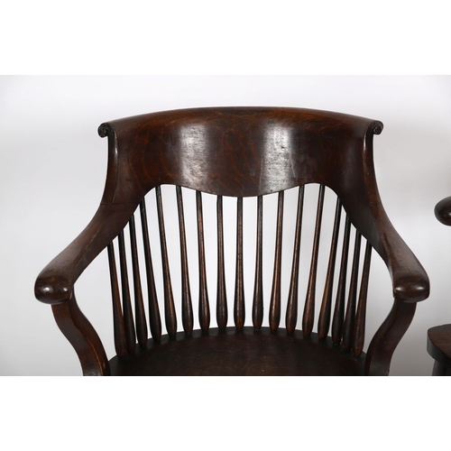 113 - PAIR BOSTON OAK SPINDLE BACK CAPTAIN'S CHAIRS