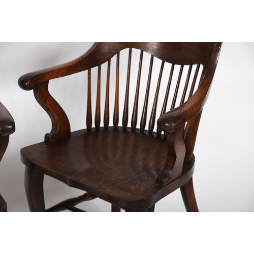 113 - PAIR BOSTON OAK SPINDLE BACK CAPTAIN'S CHAIRS