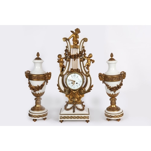 150 - 19TH-CENTURY ORMOLU AND WHITE MARBLE CLOCK GARNITURE