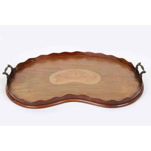 162 - 19TH-CENTURY MAHOGANY AND INLAID KIDNEY-SHAPED 2-HANDLED TRAY