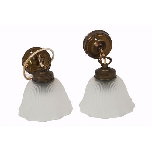 330 - PAIR OF BRASS AND FROSTED GLASS LAMPSHADES