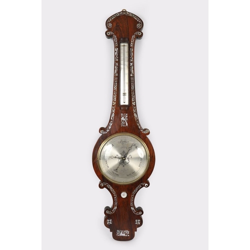 349 - REGENCY ROSEWOOD & MOTHER O'PEARL, MARQUETRY BANJO-SHAPED MERCURY BAROMETER