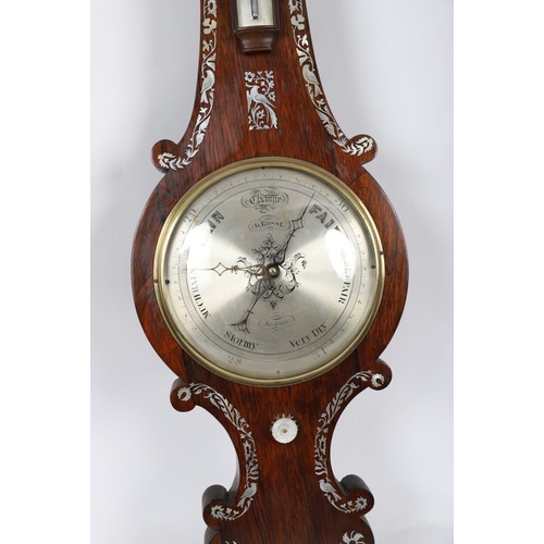 349 - REGENCY ROSEWOOD & MOTHER O'PEARL, MARQUETRY BANJO-SHAPED MERCURY BAROMETER