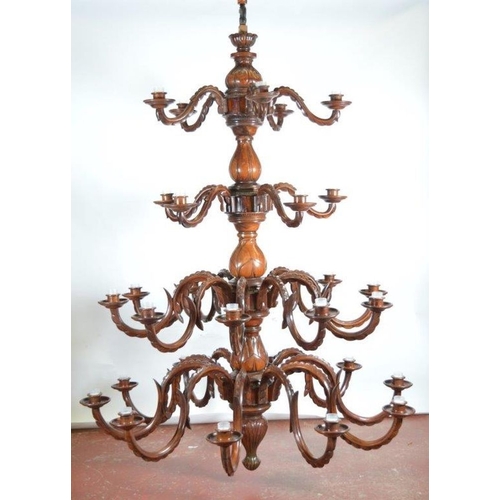 350 - EXTREMELY LARGE 4-TIER CARVED MAHOGANY CHANDELIER