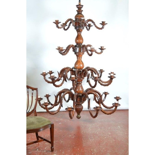 350 - EXTREMELY LARGE 4-TIER CARVED MAHOGANY CHANDELIER