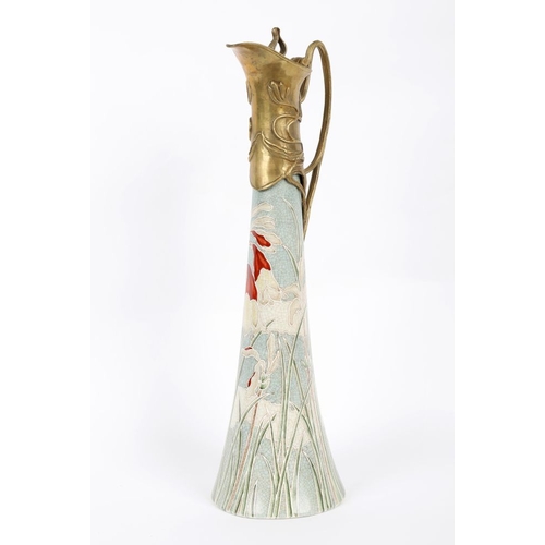 40 - ATTRACTIVE ART NOUVEAU STYLE CERAMIC AND METAL CLARET JUG