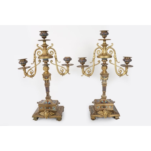 52 - PR 19TH-CENTURY FRENCH ORMOLU & CHAMPLEVE ENAMELLED CANDELABRAS