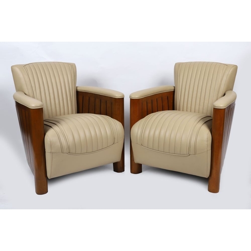 838 - PAIR OF DESIGNER WHITE LEATHER AND HARDWOOD ARMCHAIRS