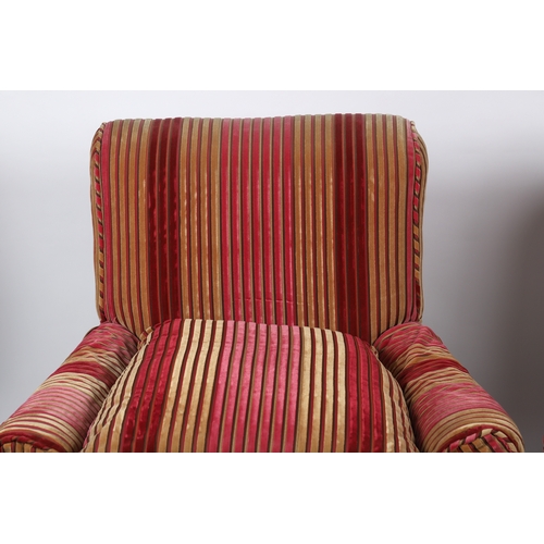 292 - PAIR 19TH-CENTURY HOWARD & SON STYLE ARMCHAIRS each with a scroll back and scroll front arms, raised... 