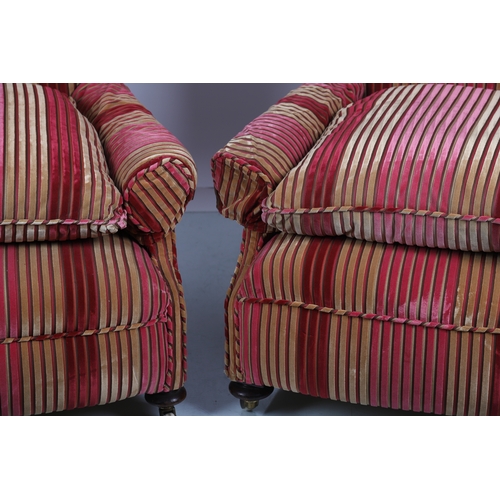 292 - PAIR 19TH-CENTURY HOWARD & SON STYLE ARMCHAIRS each with a scroll back and scroll front arms, raised... 