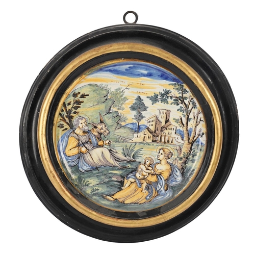 125 - FRAMED FAIENCE OR MAJOLICA PLAQUE WITH FIGURAL SCENE