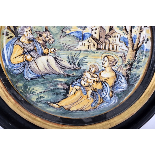 125 - FRAMED FAIENCE OR MAJOLICA PLAQUE WITH FIGURAL SCENE
