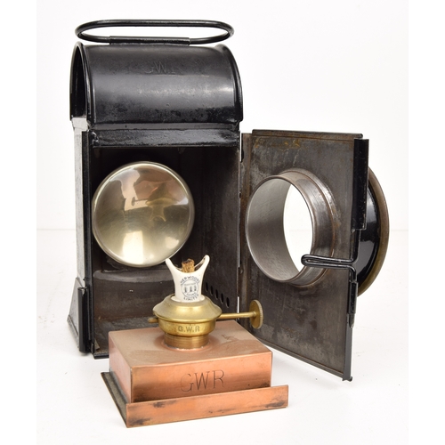 100 - Cart lamp, Great Western Railway un-used, marked GWR, copper vessel marked GWR and the burner marked... 