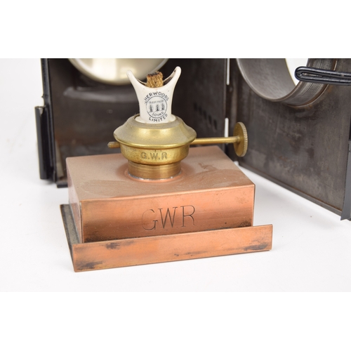 100 - Cart lamp, Great Western Railway un-used, marked GWR, copper vessel marked GWR and the burner marked... 