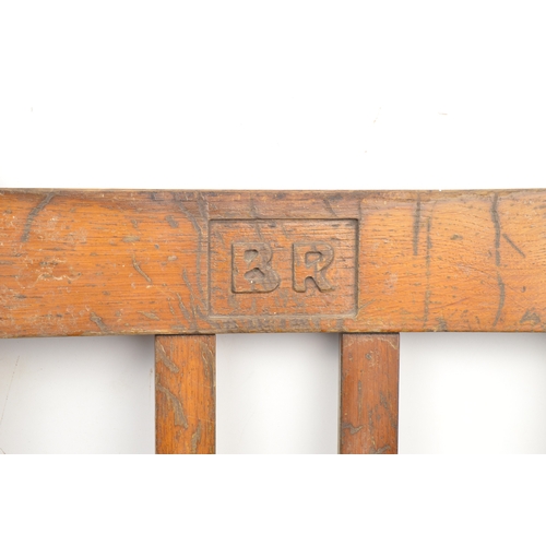 116 - Chair, British Railways wooden from an office, BR carved into the back rail, grey/ black fabric, wit... 