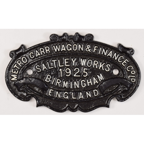 268 - Wagonplate, METRO CARR WAGON & FINANCE CO LD SALTLEY WORKS BIRMINGHAM ENGLAND 1925, face restore... 