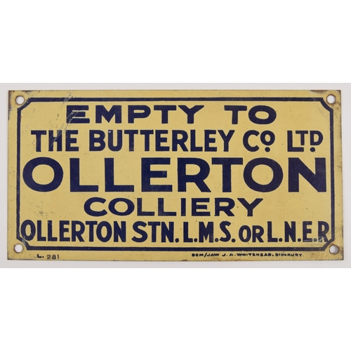 260 - Wagon label, EMPTY TO THE BUTTERLEY Co Ltd OLLDERTON COLLIERY OLLERTON STN. L.M.S. OR L.N.E.R, scree... 
